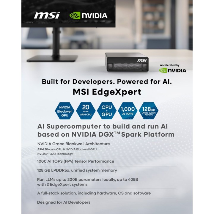 MSI AI EdgeXpert MS-C931 ARM Cortex-X925 10Core + ARM Cortex-A725 10Core 128GB LPDDR5x SSD4TB M.2 NVMe NVIDIA GB10 Grace