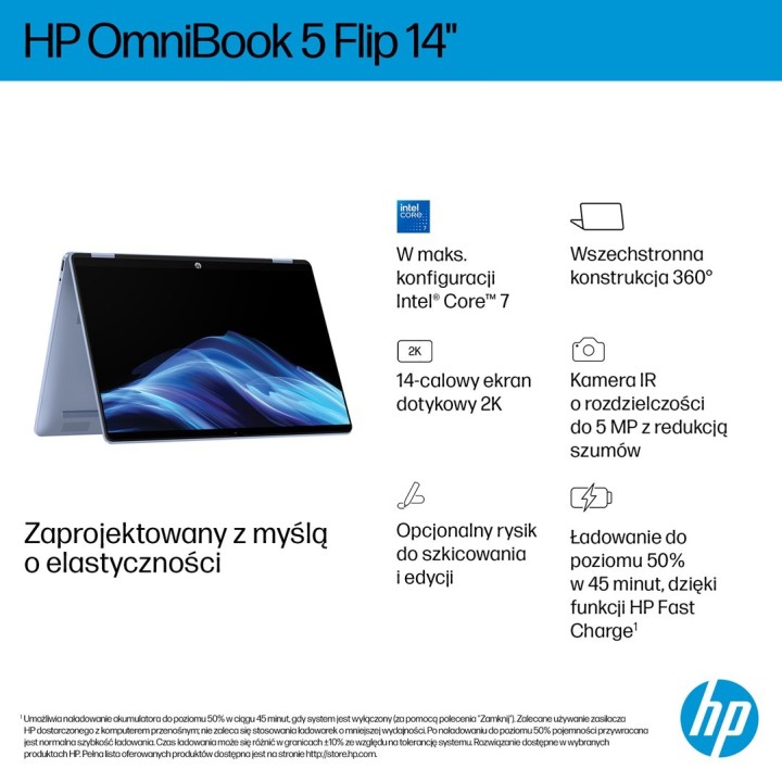 HP OmniBook 5 Flip 14-fp0004nw Core 5 120U 14"2K Touch IPS 300nits 16GB LPDDR5 5200 SSD512 Intel Graphics Cam 1080p 68Wh Win11
