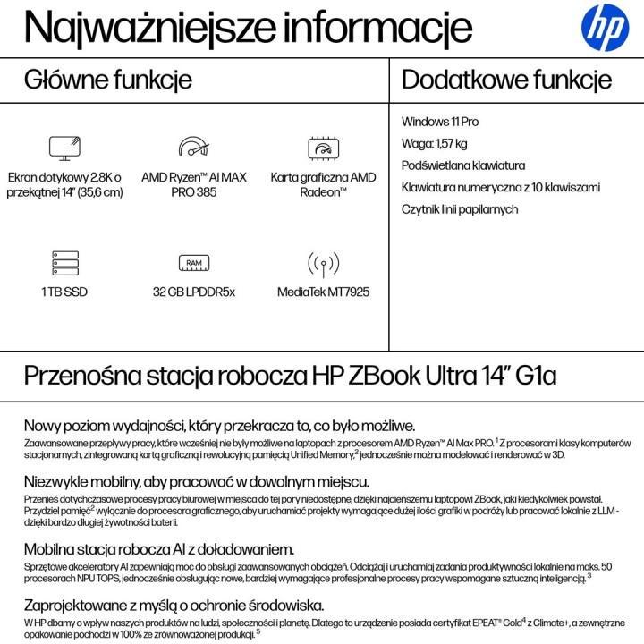 HP ZBook Ultra 14 G1a Ryzen AI Max PRO 385 14.0" 2.8K Touch OLED IPS 400nits BV LBL 32GB LPDDR5x-8533 SSD1TB Radeon 8050S Cam IR