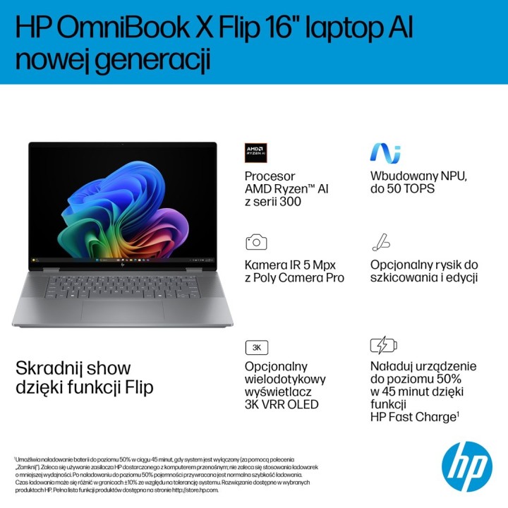 HP OmniBook X Flip 16-ar0016nw Ryzen AI 5 340 16.0"2K Touch OLED IPS 300nits AG 16GB LPDDR5X SSD1TB Radeon 840M Cam 5MPx + IR