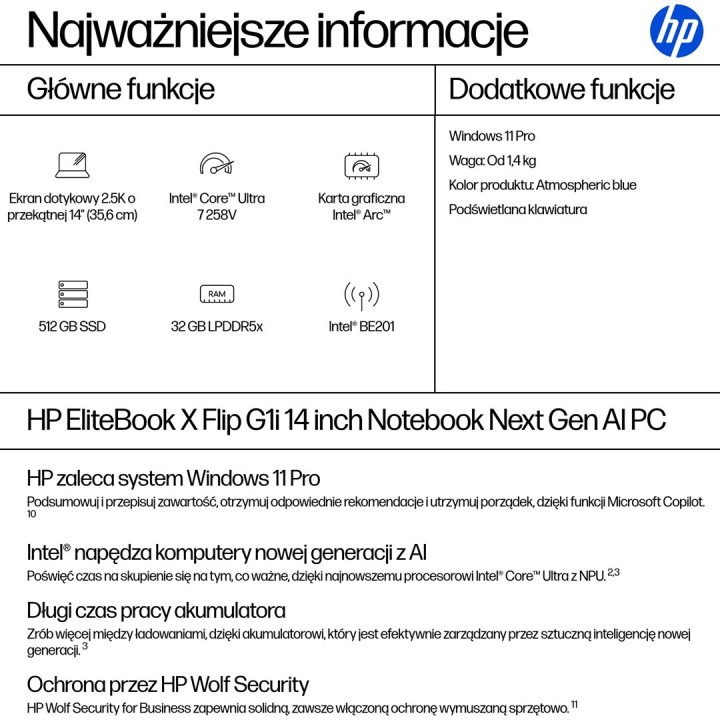 HP EliteBook X G1i Flip Ultra 7 258V 14"2.5K Touch 800nits 120Hz AG 32GB LPDDR5x-8533 SSD512 Intel Arc Cam IR 5 Mpx AI 68Wh