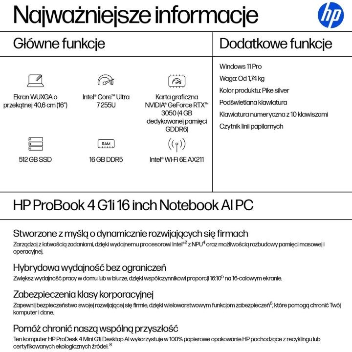HP ProBook 4 G1i Ultra 7 255U 16"WUXGA 300nits 60Hz AG 16GB DDR5 5600 SSD512 Intel Arc Cam 1080p 56Wh W11Pro Pike Silver
