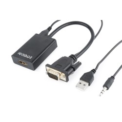Adapter GEMBIRD A-VGA-HDMI-01 (HDMI F - D-Sub (VGA), Jack stereo 3,5 mm, USB 2.0 M 0,15m kolor czarny)