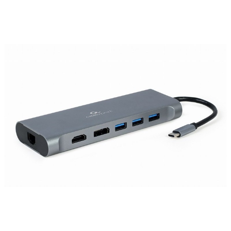 GEMBIRD MULTI ADAPTER USB TYP-C 8 W 1 (HUB3.0 + HDMI + DISPLAYPORT + VGA + PD + CZYTNIK KART + LAN + DŹWIĘK STEREO), SZARY