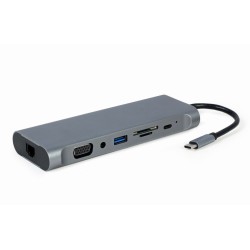 GEMBIRD MULTI ADAPTER USB TYP-C 8 W 1 (HUB3.0 + HDMI + DISPLAYPORT + VGA + PD + CZYTNIK KART + LAN + DŹWIĘK STEREO), SZARY