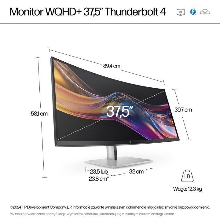 Monitor HP LED 37,5” S7 Pro 738pu (8K167AA) Curved IPS WQHD+ HDR400 RJ-45 ThunderBolt 4