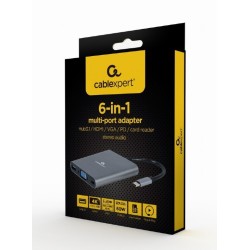 GEMBIRD MULTI ADAPTER USB TYP-C 6 W 1 (HUB3.1 + HDMI + VGA + PD + CZYTNIK KART + DŹWIĘK STEREO), SZARY