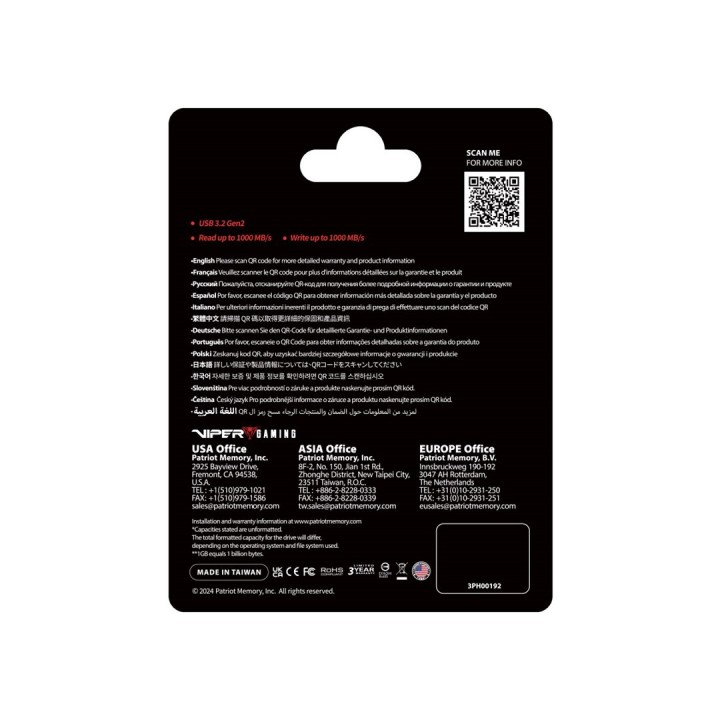 Dysk SSD Patriot PVP30 512GB 1000MB/s USB Duo A+C 3.2 Gen2 Alu