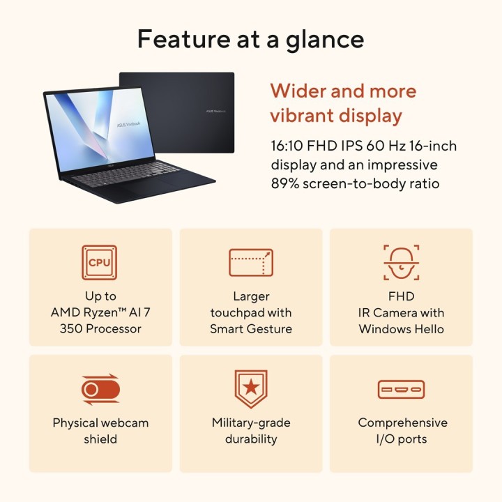 ASUS Vivobook 16 M1607KA-MB164W Ryzen AI 5 330 16.0"WUXGA IPS-level Panel 60Hz 300nits AG 16GB DDR5 SSD512 Radeon Graphics