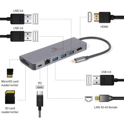 GEMBIRD MULTI ADAPTER USB TYP-C 5W1 HUB, HDMI, CZYTNIK KART, LAN, PD - 100W)