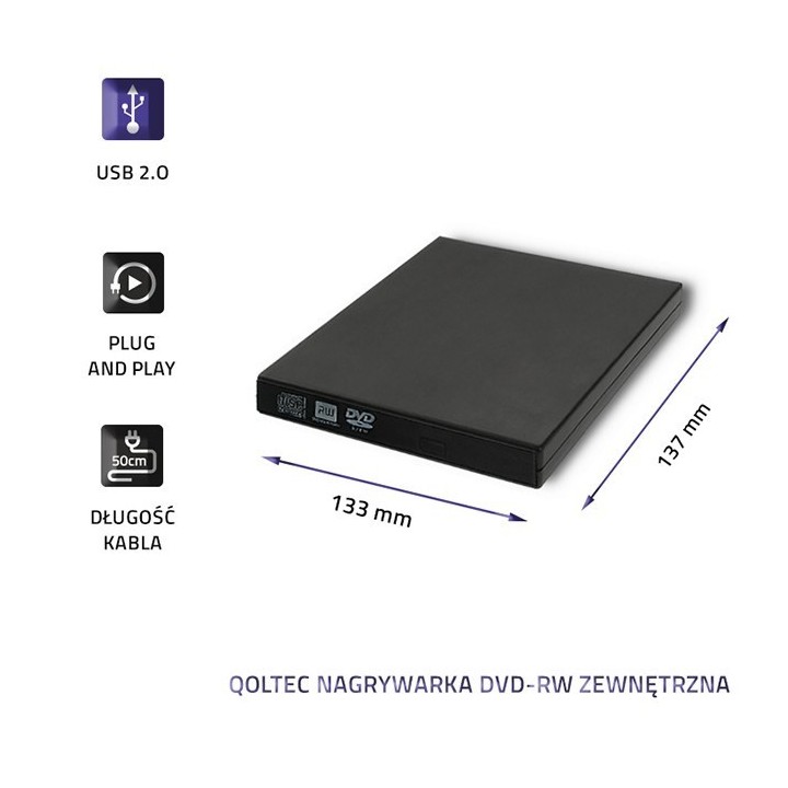 QOLTEC NAGRYWARKA DVD-RW ZEWNĘTRZNA | USB 2.0 | CZARNA