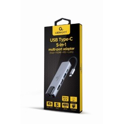 GEMBIRD MULTI ADAPTER USB TYP-C 5W1 (HUB + HDMI + PD + CZYTNIK KART + LAN) SREBRNY