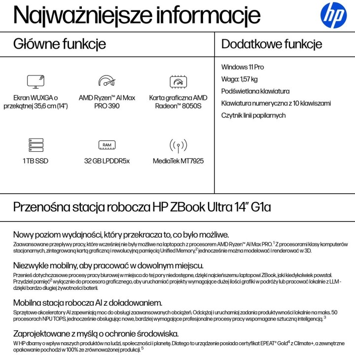 HP ZBook Ultra 14 G1a Ryzen AI MAX PRO 390 14.0"WUXGA IPS 400nits AG 32GB LPDDR5x-8533 SSD1TB Radeon 8050S Cam IR 5 MPx 74,5Wh