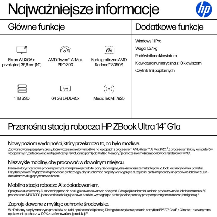 HP ZBook Ultra 14 G1a Ryzen AI Max PRO 390 14.0"WUXGA IPS 400nits AG 64GB LPDDR5x-8533 SSD1TB Radeon 8050S Cam IR 5 MPx 74,5Wh